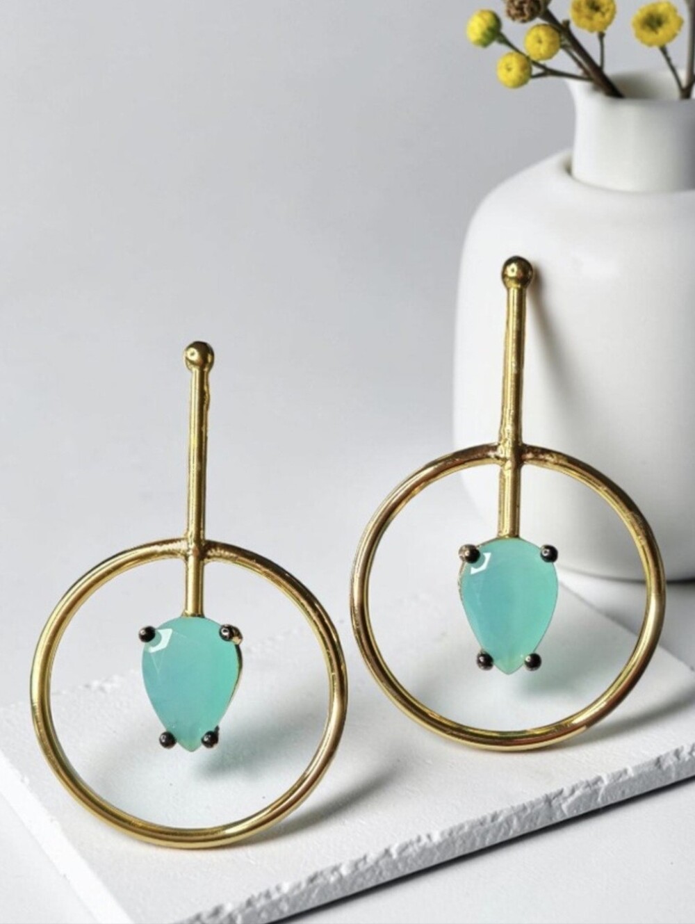 18k Gold Plated Artisan Genuine Aqua Chalcedony Crystal Hoop Dangle Earrings